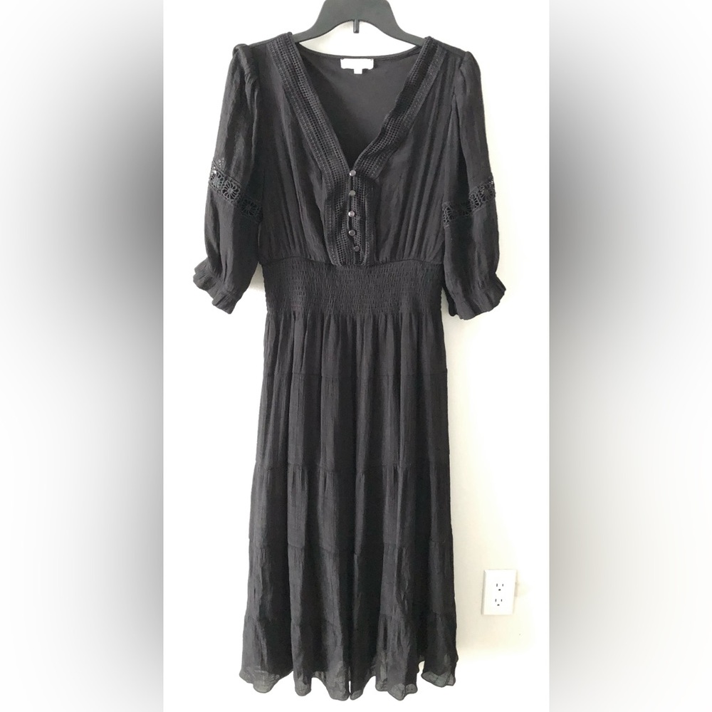 J. Gee Black V-Neck Smocked-Waist Tiered Midi Dress Fall Moody Boho Whimsy Goth